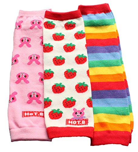 Baby Toddler Girl Leg Warmers Pack of 3 - BUNNY STRAWBERRY RAINBOW STRIPES