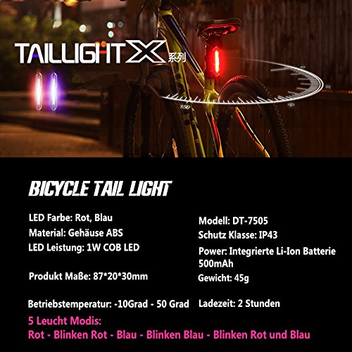 SOOJET RL75 USB Wiederaufladbare LED Fahrrad Rücklicht Sport Bicycle Rear Light Taillight Rücklicht – Fahrrad Helm Licht – LED Licht Max 150 Lumen Rot Blau Licht 5 Licht-Modis - 3