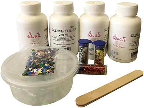 Elevate Slime Travel Starter Kit, Non Toxic PVA Glue, Glitter tubes, Star sprinkle, 10ml Plastic cup with lid, 2 Sticks for stirring, Slime Recipes &amp; Instructions (1lt)