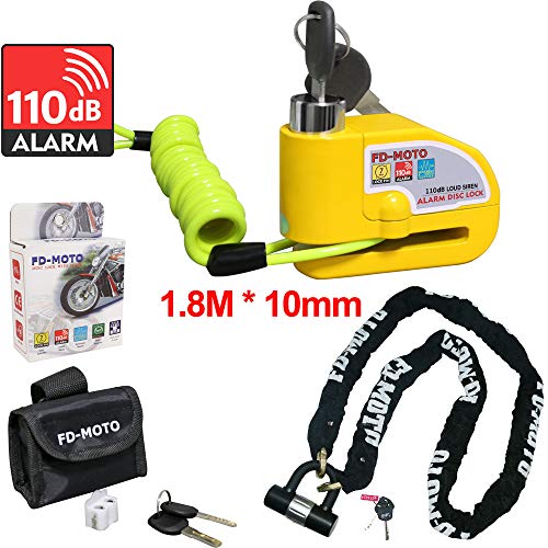 FD-MOTO 1,8Mx10mm 4KG Cerradura de Cadena de Moto de Acero + 110dB Bloqueo de Disco de Alarma Amarillo