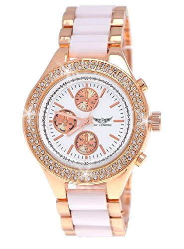 Designer Damenuhr,Damen Strass Uhr,Chronograph Optik,Wei,Rose Gold,C5