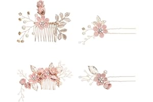 SJBAUTYO 4 Stück Gold Hochzeit Haarkamm Perle Blume Braut Haarschmuck Strass Brautschmuck Kamm Haarspange für die Braut Brautjungfer - Rosa Blume