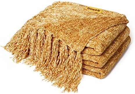 Dozzz Decorative Chenille Thick Couch Throw Blanket with Fringe Cozy Solid Blanket 150*130 cm (Gold)