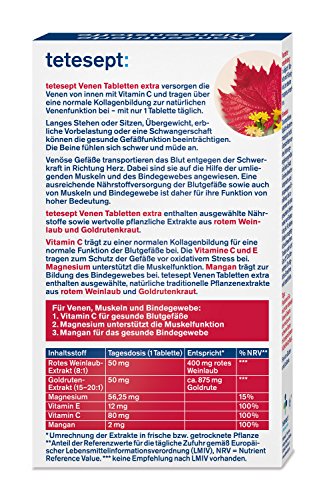 tetesept Venen Tabletten extra – Ergänzungsmittel zur Unterstützung der Venenfunktion dank Vitamin C, extra: Vitamin E, Magnesium & Mangan – 5 x 30 Stück [Nahrungsergänzungsmittel]