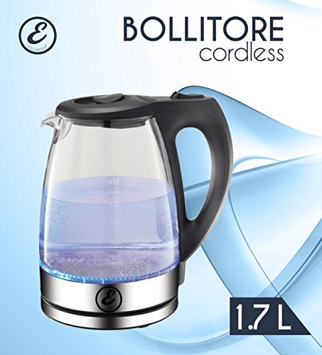 spécifications BOUILLOIRE sans fil - 1.7 L - LED Bleu - Zones d'ébullition rapide - Filtre anti-calcaire amovible et lavable