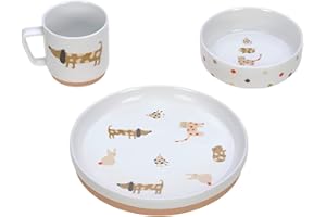 LÄSSIG Zestaw naczyń porcelanowy zestaw naczyń dla dzieci talerz miska kubek z pierścieniem silikonowym antypoślizgowe naczynia dla dzieci/Little Mateys Spicy Orange