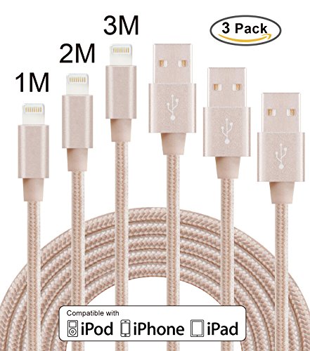 Flashstye 3 Pack 1M 2M 3M Phone Charger Nylon Braided Lightning to USB Cable Apple lightning cable for iPhone 7 Plus 6S Plus 6 Plus SE 5S 5C 5, iPad 2 3 4 Mini, iPad Pro Air, iPod.(Golden)