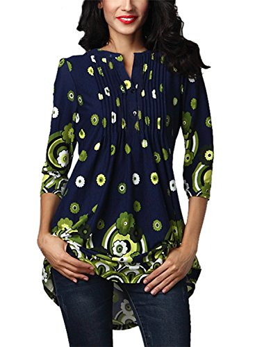 FIYOTE Womens Casual 3/4 Sleeve Floral Print Loose Tunic Long Blouse and Tops