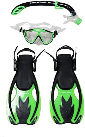 Snorkel Master Snorkeling KIDS Mask, Snorkel, &amp; Fins Set, Green/Black, L/XL
