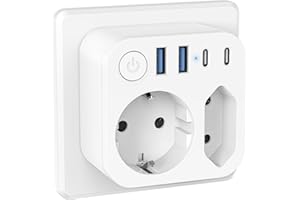 Steckdosenleiste mit USB (2 Typ-C), SUDEERY 2 Fach Mehrfachstecker mit Schalter, Doppelstecker für Steckdose, Wand Ladegerät, Weiß