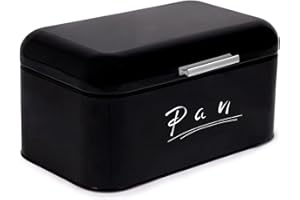 Madera Nieve Panera metálica con tapa abatible | Caja de almacenamiento para pan, bollería y galletas | Mantiene el pan fresco y seco | Diseño retro para cocina (Negra Metálica)