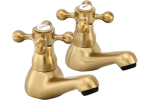 HEXMIXER Victorian Gold Basin Taps Pair, 1/4 Turn Brushed Golden Brass Traditional Pillar Taps, G1/2 UK Bathroom Sink Tap 061AGO