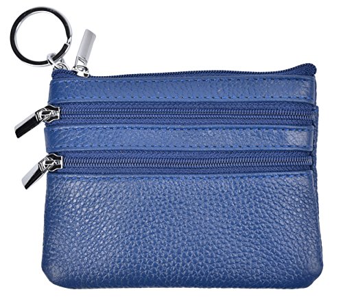 Outrip Womens Mini Coin Purse Wallet Genuine Leather Zipper Pouch with Key Ring (Blue)