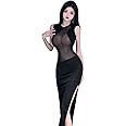 THSCWY Women's Sexy Long Maxi Dress See Through Sleeveless Mesh Lace Splicing Slit Skirt Slim Dresses Clubwear Outfits Black