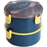 Vagonlife Bento 1600ml Yuvarlak Lunchbox &Ccedil;ift Katlı &Ccedil;elik Sefer Tası Yemek Kutusu (Lacivert)