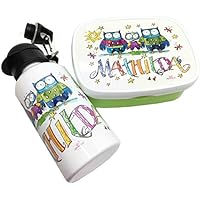 Brotdose mit Trinkflasche mit Namen im Set, Eulen, personalisiertes Kindergarten-Frühstücksset, Rosirosinchen, Rosti Mepal