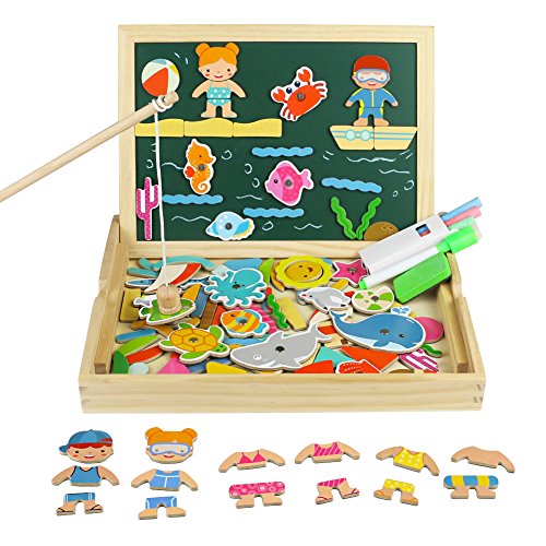 Magnetic Wooden Jigsaw Puzzles, 3 in 1 Beach Dress Up, Magnetic Fishing Game, Drawing Writing Board for Children 3 4 5 6 Years Old