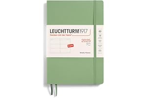 LEUCHTTURM1917 370788 Agenda semanal 2025, tamaño mediano A5, tapa blanda, planificador de 12 meses, a rayas, salvia, inglés