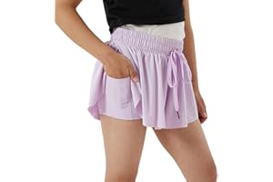 Naiyafly Girls Flowy Shorts for Teen Girls Athletic Gym Shorts Kids Short Pants with Pockets 2 in 1 Preppy Youth Butterfly Shorts Children Running Sports Dance Skort