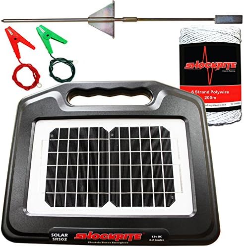 Electric Fence Energiser ShockRite Solar SRS02 0.2 Joule Earth Stake &amp; Cables, 200m Wire, 2 Year Warranty