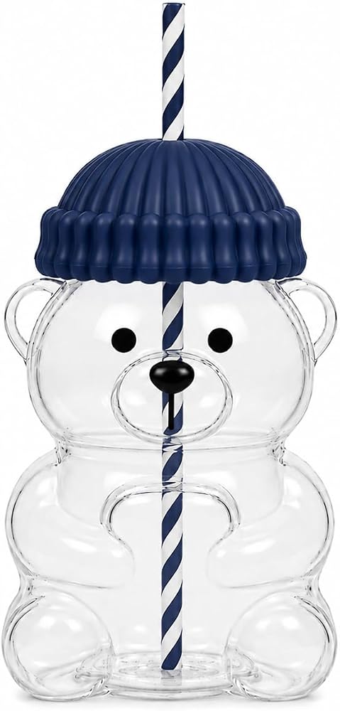 Orret Home 580 ML Ayıcık Desenli Cam Bardak Pipetli Silikon Kapaklı Soğuk Kahve Bardağı Şeffaf Cam Kupa Sevimli Ayıcık Bardak Bubble Tea Smoothie Milkshake Meyve Suyu İçecek Bardağı Çocuk ve Yetişkin
