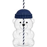 Orret Home 580 ML Ayıcık Desenli Cam Bardak Pipetli Silikon Kapaklı Soğuk Kahve Bardağı Şeffaf Cam Kupa Sevimli Ayıcık Bardak
