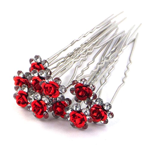 Bride Boutique Bridal Wedding Prom Silver Crystal Diamante Rose Flower Hair Pins Clips Grips (Red)