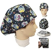 Gorro quirófano mujer CALAVERAS MEJICANAS para pelo largo, cirugía, dentista, veterinaria, cocina, etc. Absorbente de toalla en frente, ajustable al gusto con goma y tensor
