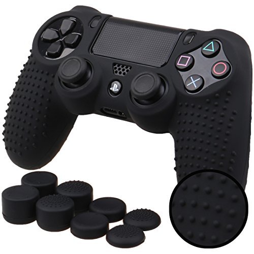 Pandaren STUDDED Silicone Peau de Housses Coque Anti-Dérapant pour le Manette PS4 x 1 (Noir) + FPS PRO Thumb Grip Pouce Poignées x 8
