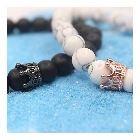 UEUC Par Distancia Pulseras para lovers-2pcs Negro Mate Blanco y ágata Howlita Bolas de 8 mm - Imagen 5