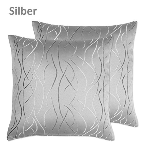 Kissenhüllen 2 Stück, FARBE wählbar, Damast Streifen, 40×40 cm, Silber, Beautex - 2