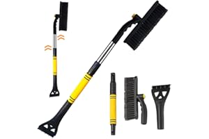 IWILCS 3 in 1 Snow Brush with Ice Scraper, 64-80cm Extendable Ice Scraper & Snow Brush, Snow Removal Tool with Non-Slip Foam Handle for Trucks SUVs Car Windscreen and Windows (Yellow)