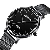 Herren Uhren Silber,Herren Uhren Edelstahl Schwarz,Armbanduhr Herren Mesh Armband,Luxus Analog Quartz Uhr Quarzuhr Herrenuhren (D)