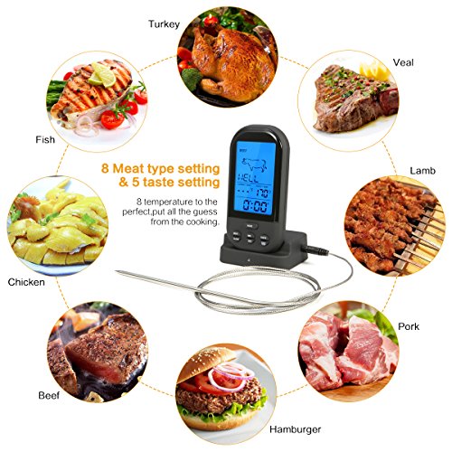 Wireless Barbecue Grill Thermometer ,SGODDE Digital Zeitmesser mit großem LCD-Display , Grillthermometer Bratenthermometer mit Timer für BBQ Kochen, Grill, Ofen, Fleisch, Indoor / Outdoor-Grill schwarz - 5