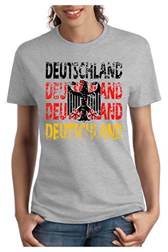OM3 – DEUTSCHLAND – Damen T-Shirt tailliert – GERMANY EM 2016 FRANKREICH FRANCE FUSSBALL FANSHIRT SOCCER SPORT TRIKOT EUROPAMEISTER, XXL, grau meliert