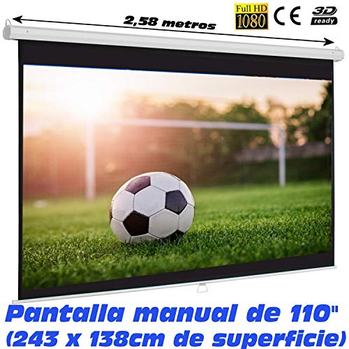 Pantalla Manual Mural de 110", Dimensiones de la Tela 2,43 x 1,38 Metros, cajetin de Acero 2,58 Metros, Pantalla para proyector Compatible con 4K, 16:9 (110 Pulgadas 16:9)