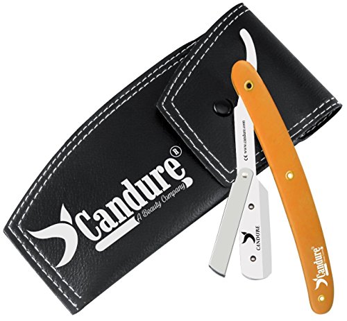 Candure Navaja Afeitar de Barbero - Profesional Acero Inoxidable Maquinilla de Afeitar la Afeitado Barba - Afeitado Manual para Peluquero Hombres y Mujeres con Bolsa de Cuero (Diseño de Madera)