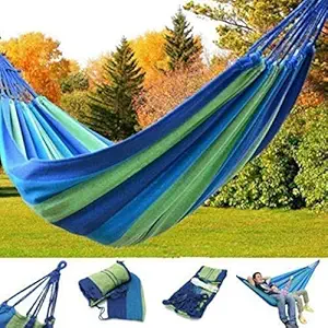 GOLKIPAR Outdoor Camping Canvas Fabric Portable Garden Hammocks Striped Ultra Light Outdoor Beach Swing Bed with Strong Rope, Swing for Garden (Blue)