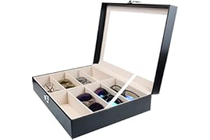 Tebery Caja para 8 gafas, con escaparate de cristal, piel sintética, organizador de gafas para gafas de sol, gafas, joyas, color negro, 33,7 x 24,5 x 8,4 cm