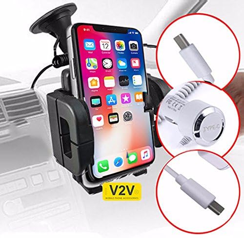 OnePlus 5T (6") - Universal Windscreen Swivel Big Mount Suction Phone Car Holder With 2000 mah Type C Car Charger Coilled Fast Charge White by V2V international