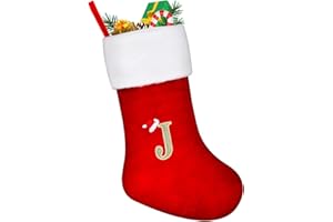 VReder Large Christmas Stockings, Xmas Personalized Embroidered Stockings with Letters, Red Fireplace Hanging Santa Socks for Christmas Decor Xmas Gift (J)