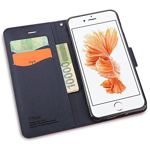 iPhone 6S Leather Case,iPhone 6 Leather Case, IPHOX Premium Folio Leather Wallet Case with [Kickstand] [Card Slots] [Magnetic Closure] [Hand Strap] Flip Notebook Cover Case for iPhone 6/6S -Red/Blue