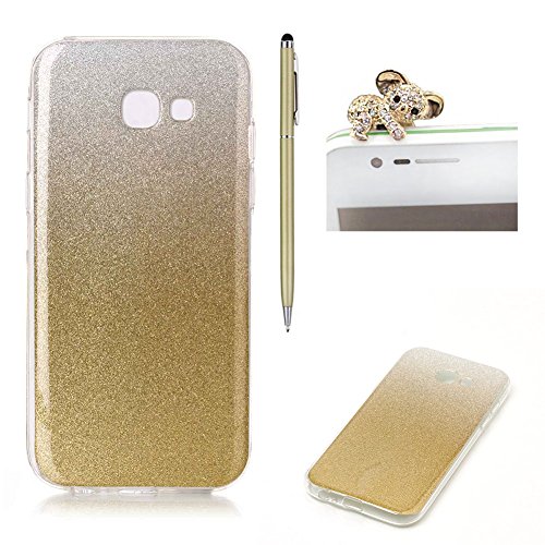 für Samsung Galaxy A5 2017 Hülle,SKYXD Glitzer Gold Farbverlauf Gummi Brillianter Leichtes Glatt Weiche Dünn Silikon Gel Schutzhülle mit [ Koala Handyanhänger + Eingabestifte ] Rutschfest Stoßfest Handy Tasche Etui für Samsung Galaxy A5 2017 Modell A520 Soft Case Gradient Shine Bling Cover With Stylus Dust Plug
