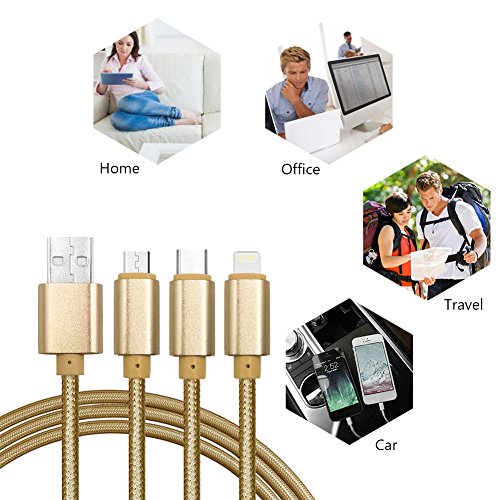 Multi USB Kabel, 4ft /1.24m Nylon geflochten 3 in 1 USB Ladekabel Adapter Stecker mit 8 Pin Lightning / Type C / Micro USB für iPhone 6s, 6, 6 Plus, 5 / 5S / 5C, Galaxy S2, 3, 4, Nexus 6P , 5X und mehr Smartphones(Gold) - 3