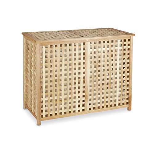 Relaxdays Wäschesammler Duo Walnuss breite Wäschetruhe HBT 46,1 x 87,9 x 68,1 cm Wäschesortierer Doppel Wäschebox Holz mit 2 Leinensäcken Wäschesäcken, natur - 3