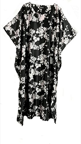 Ladies Black with White Floral Printed Soft Silky Satin Long Kaftan. One Size Fit UK 10-32