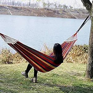 vyatirek Camping Canvas Fabric Portable Garden Hammocks Striped with Wooden Stick Ultralight Outdoor Beach Swing Bed with Strong Rope