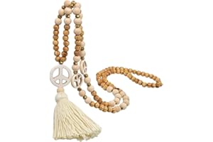 Holibanna Natural Wooden Long Tassel Fringe Strand Necklace Wooden Beads Peace Sign Sweater Necklace Women Tassel Charm Pendant Sweater Chain Jewelry