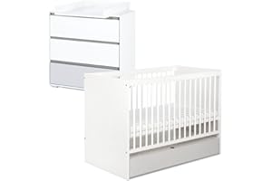 Mon Mobilier Design Dalia Ensemble Commode à Langer + lit bébé évolutif Blanc 120X60 + tiroir