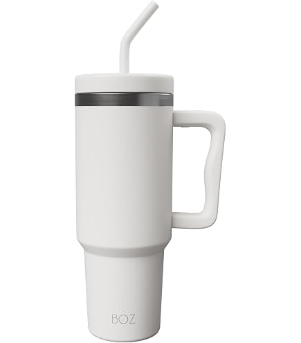 Mug Isotherme CLHXWU 1200ml - Acier Inoxydable, Double Paroi - Avec Paille Et Poignée - Blanc